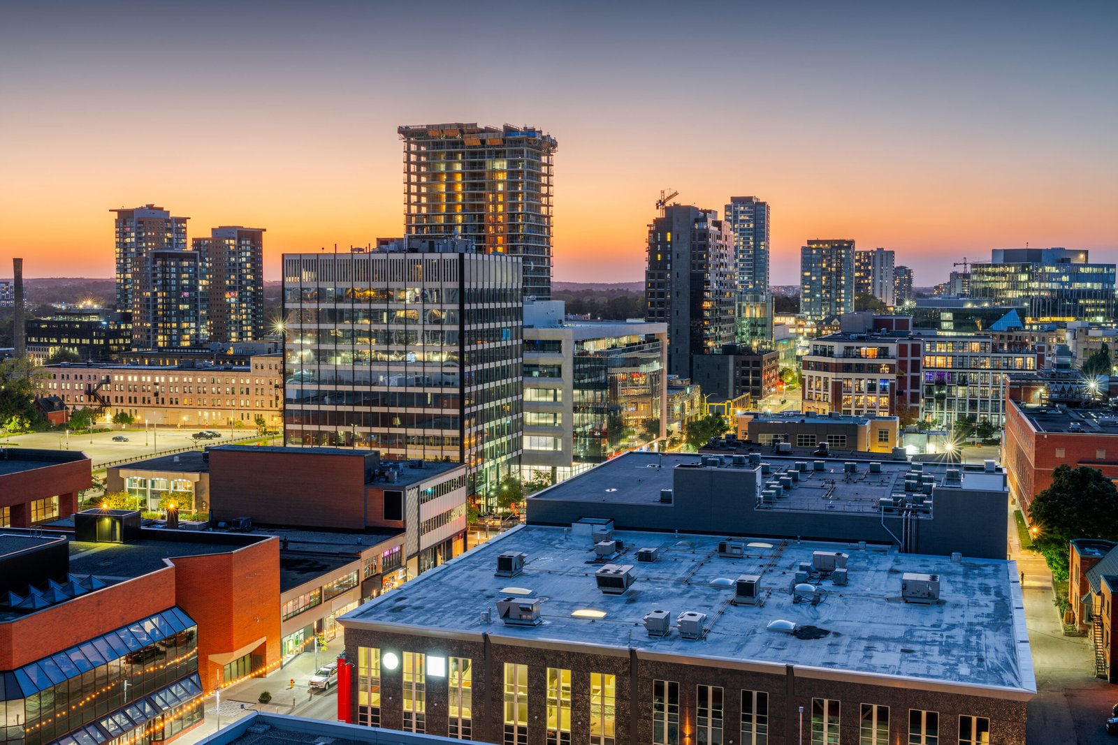 Kitchener, Ontario, Canada downtown city skyline at golden hour.